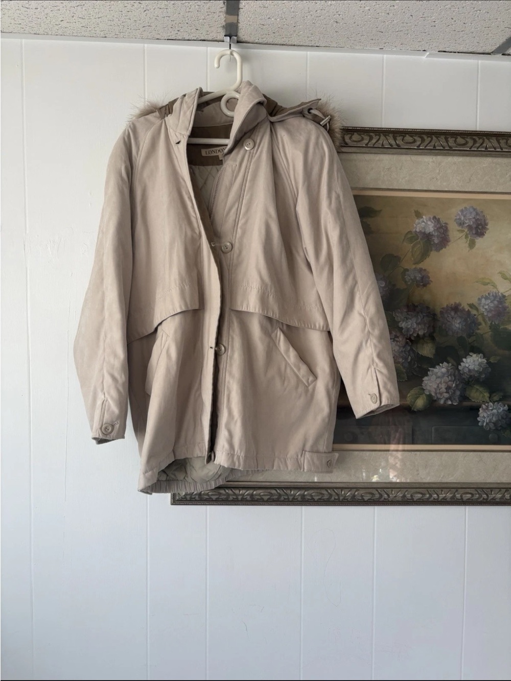 London Fog Beige Hooded Trench Coat with Faux-Fur Trim